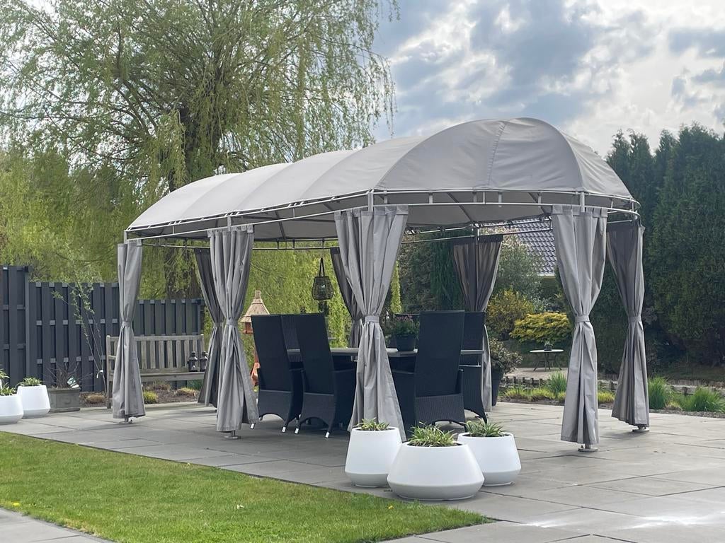 Uniek roestvrij stalen tuin paviljoen met Ten Cate doek, Ophalen, Gebruikt, 2 meter of meer, 4 tot 6 meter