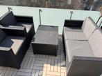 Zwarte wicker loungeset met grijze kussens, Ophalen, 4 zitplaatsen, Gebruikt, Loungeset
