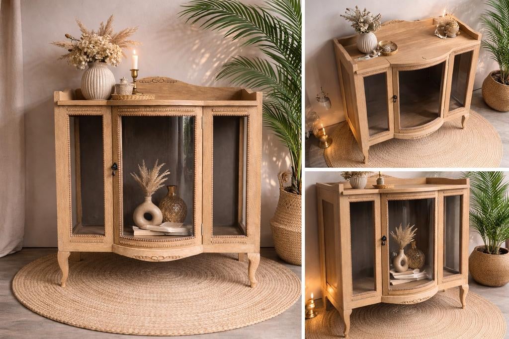 Gestraalde eiken vitrinekast – vintage – gebogen glas, Huis en Inrichting, Kasten | Vitrinekasten, Ophalen, Glas, 50 tot 100 cm