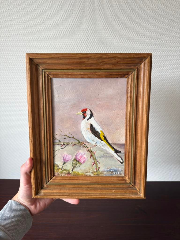 Vintage Vogel Schilderijtje in Eiken Lijst, Roze Tinten, Minder dan 50 cm, Oorspronkelijke maker, Ophalen of Verzenden, Zo goed als nieuw