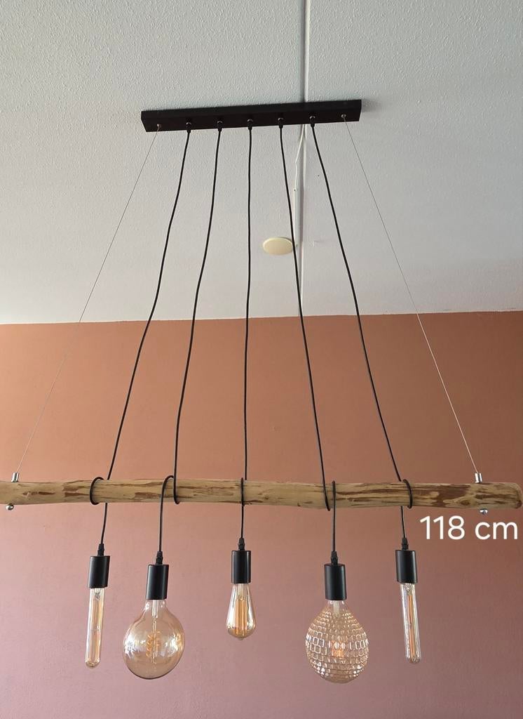 Hanglamp met 5 dimbare ledlampen en houten balk, Huis en Inrichting, Lampen | Hanglampen, Ophalen
