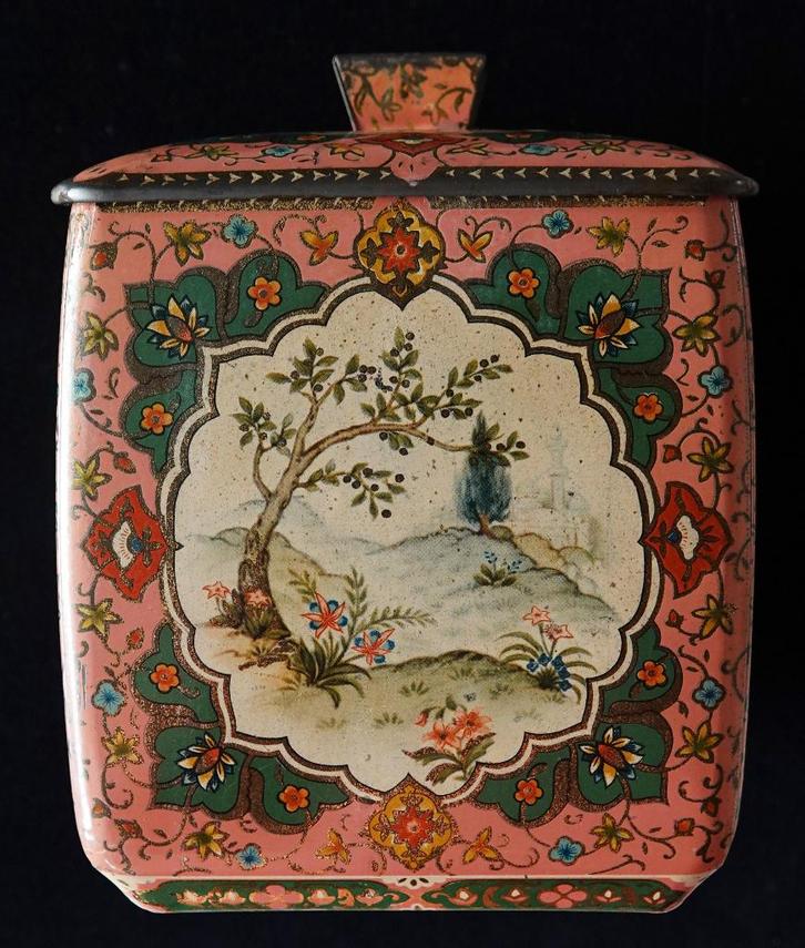 Zeldzaam theeblik uit ca 1952 met verfijnd motief en kleuren, Antiek en Kunst, Curiosa en Brocante, Ophalen of Verzenden