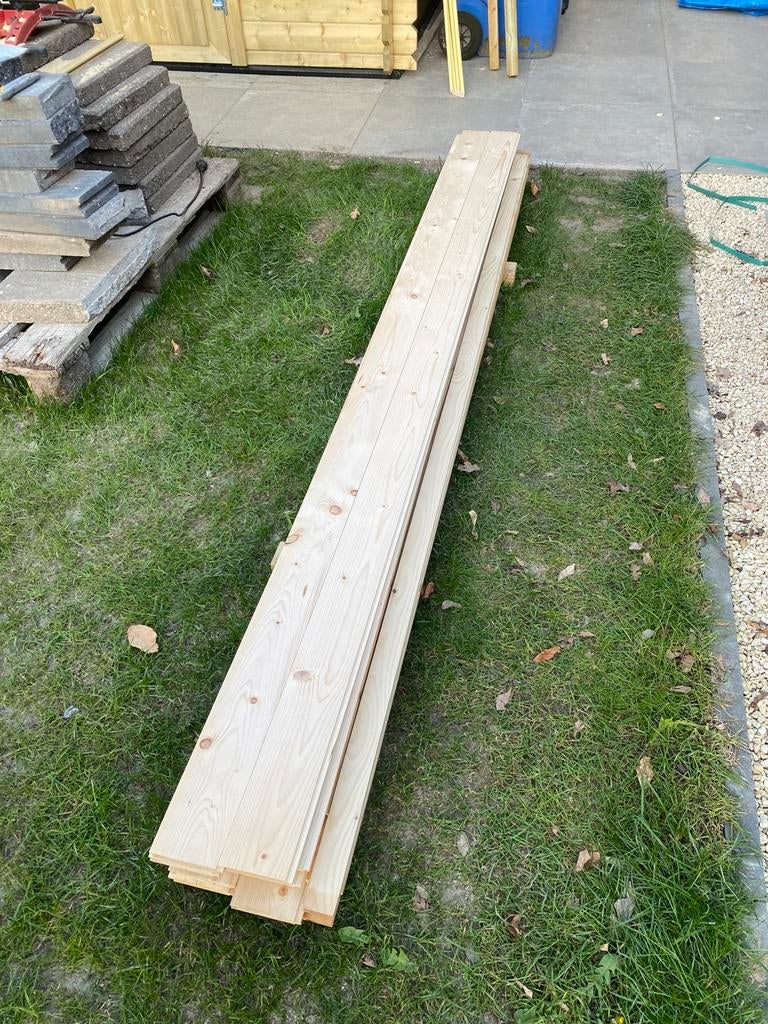 16x Vuren hout rabatdelen, 240x9x1,5 vloer tuinhuis, Ophalen, Minder dan 25 mm, Zo goed als nieuw, Balk