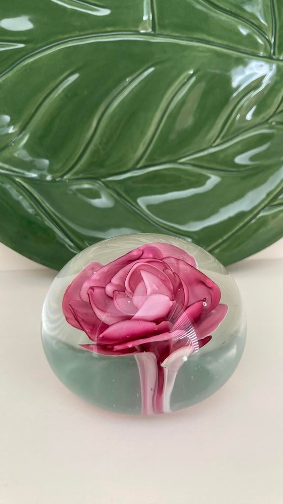 Presse-papier roze roos bloem glas - paperweight, Ophalen of Verzenden