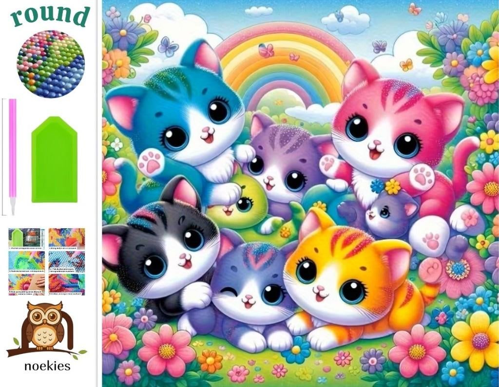 nr 539 Diamond Painting poesjes regenboog 20x20cm (rond), Verzenden, Noekies.com, Nieuw, Meerkleurig