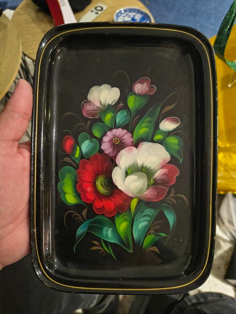 Vintage Zwart Dienblad met Handgeschilderde Bloemen, Ophalen of Verzenden