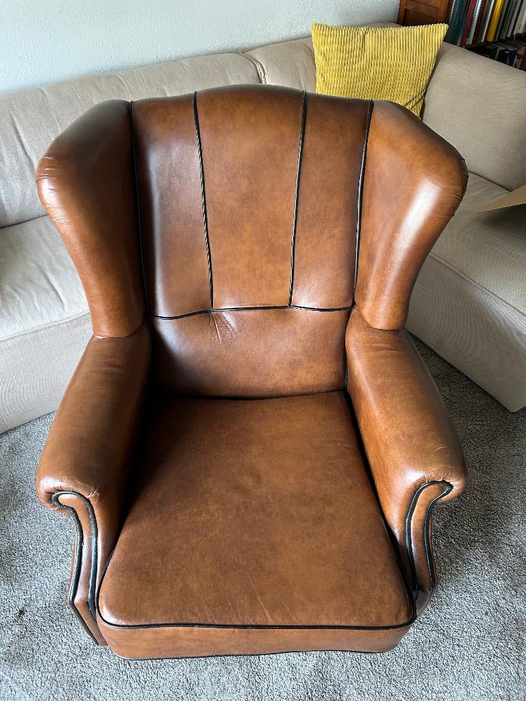 Rundlederen fauteuil, Huis en Inrichting, Fauteuils, Ophalen, Gebruikt, 75 tot 100 cm, Oorfauteuil