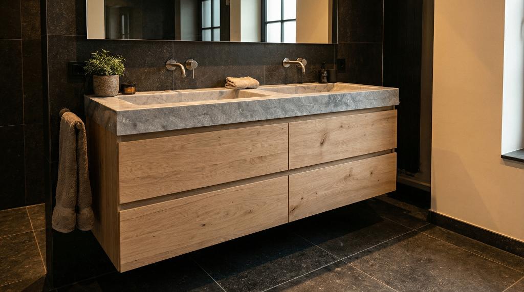 Gave badmeubelset 140 cm met écht marmeren wastafel, Huis en Inrichting, Badkamer | Badkamermeubels, Nieuw, Wastafelkast, Minder dan 100 cm