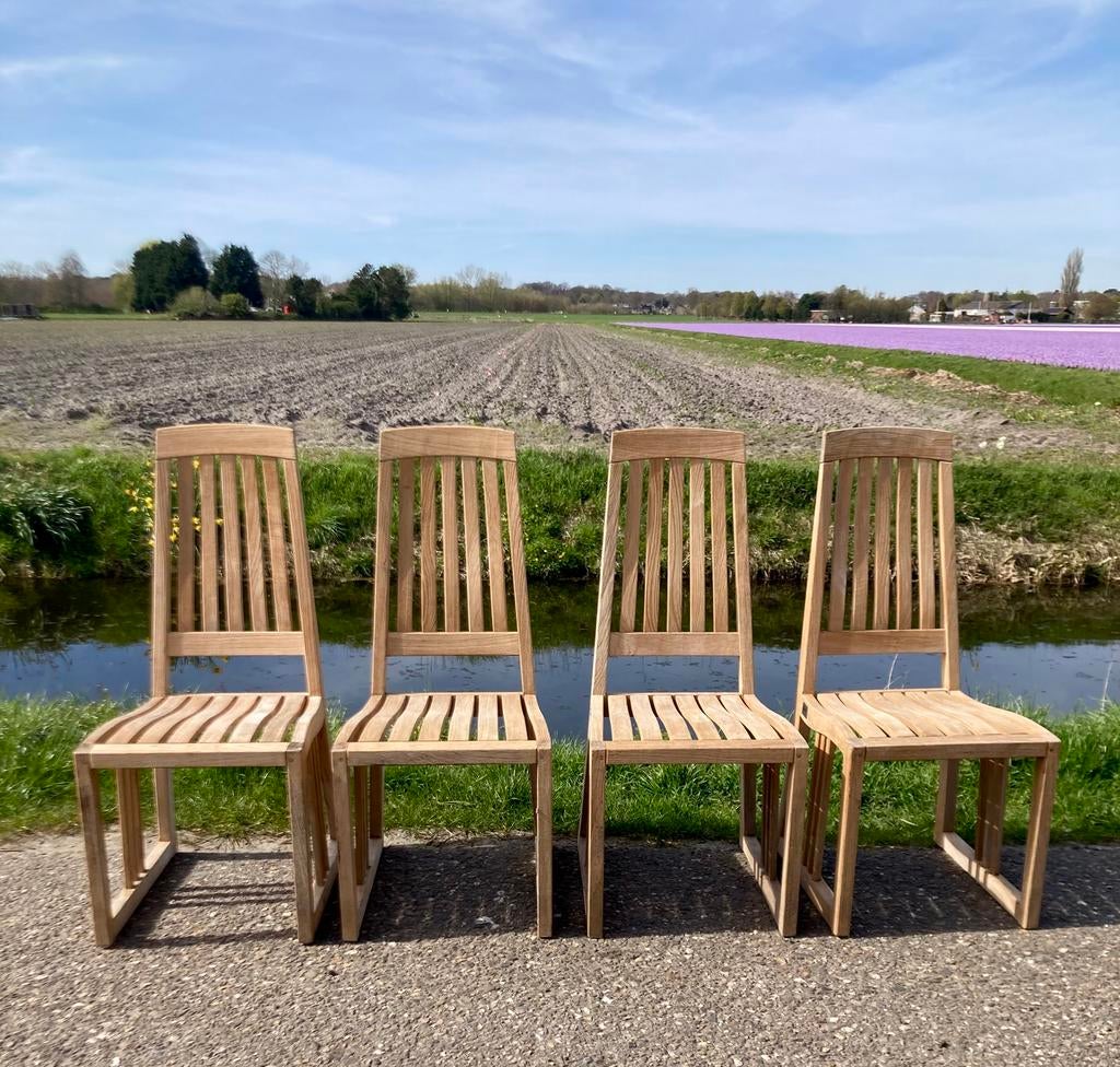 set van 4 elegante ranke Gloster tuinstoelen als NIEUW, Ophalen, Zo goed als nieuw, Hout