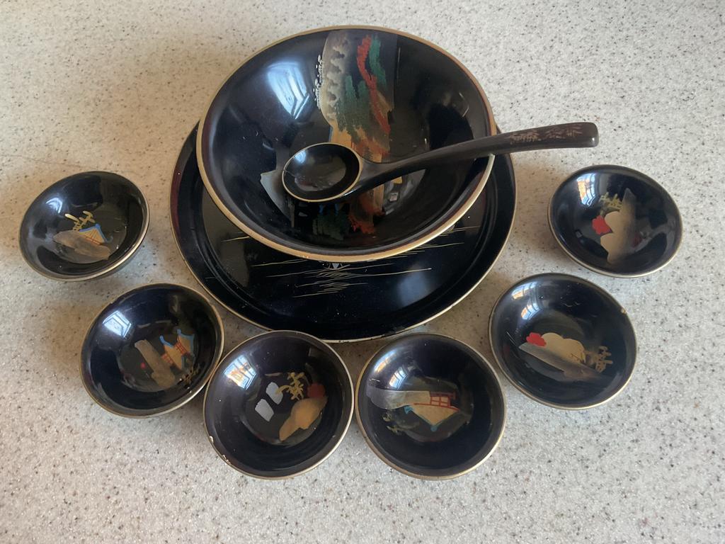 Vintage zwarte lak schaaltjes set uit Japan, Antiek en Kunst, Ophalen of Verzenden