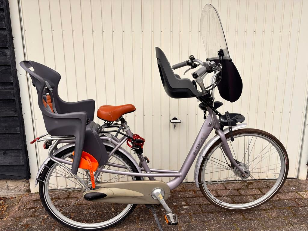 Batavus Mambo moederfiets met twee fietsstoeltjes, Fietsen en Brommers, Ophalen, 2 zitjes, Batavus, Windscherm