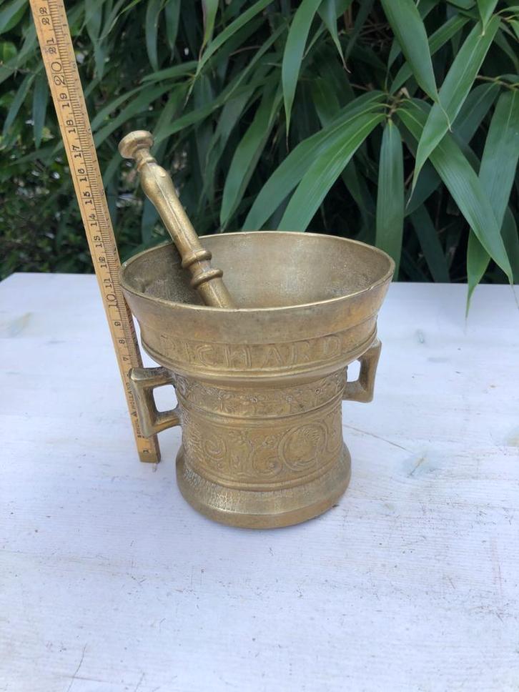 Antieke grote zware koperen Vijzel met Stamper, Antiek en Kunst, Antiek | Koper en Brons, Koper, Ophalen of Verzenden