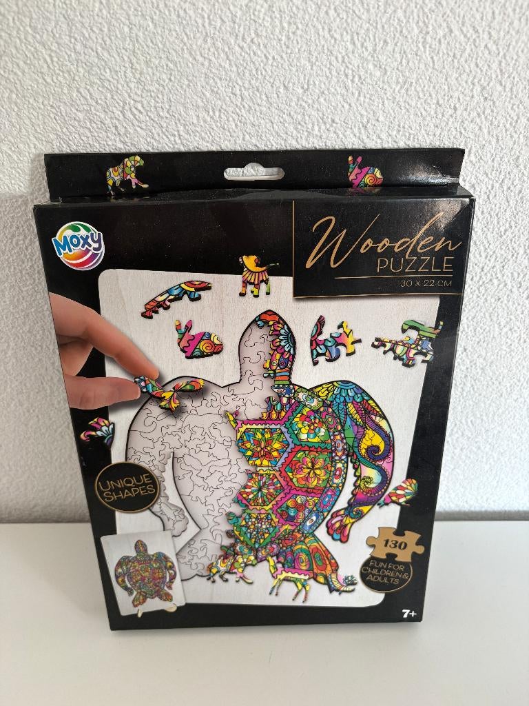 Houten Puzzel - Schildpad - Moxy - 130 stukjes, compleet, Ophalen of Verzenden, Minder dan 500 stukjes, Zo goed als nieuw, Legpuzzel