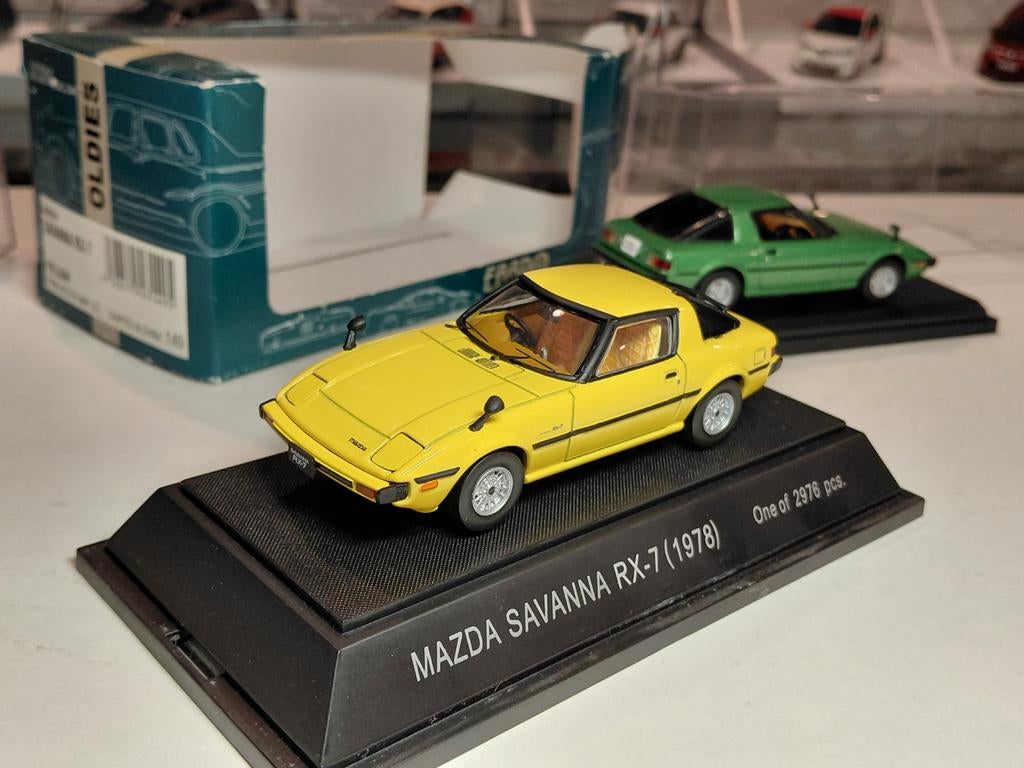 Mazda RX-7 Savanna mk1 (FA) 1978-1981 geel-groen 1/43 Ebbro, Ophalen of Verzenden, Zo goed als nieuw, Auto, Overige merken