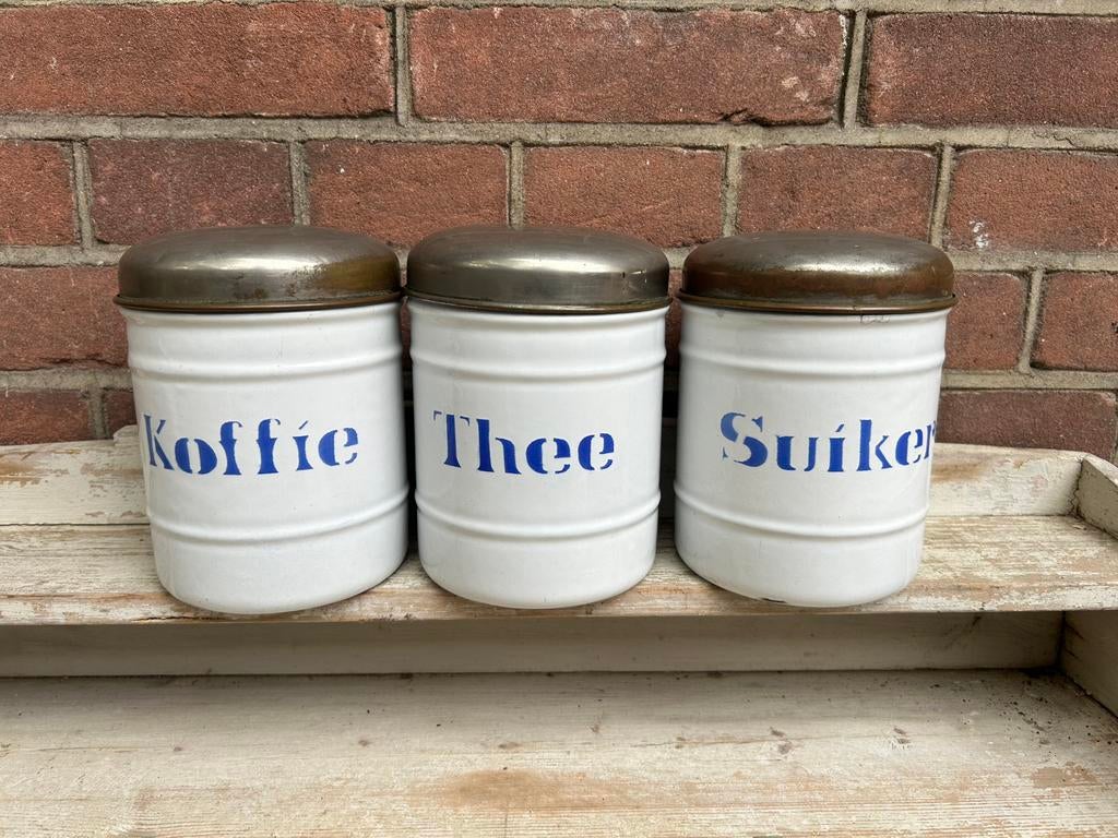 Voorraadbussen koffie thee suiker wit emaille blauwe letters, Ophalen of Verzenden