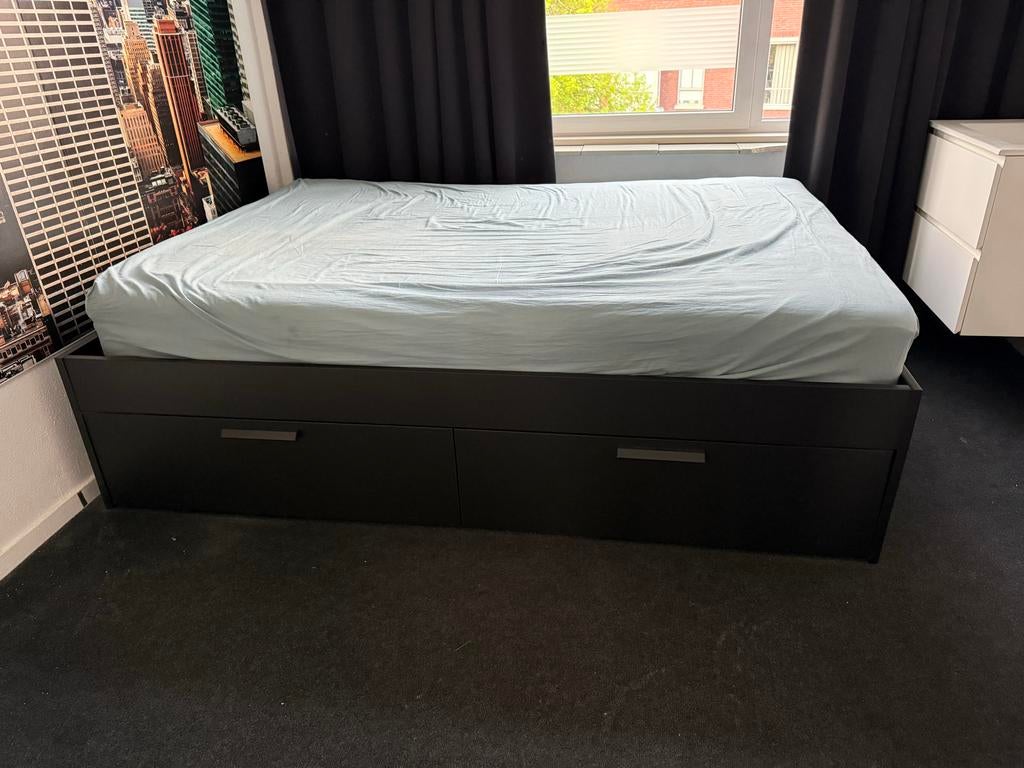 IKEA Brimnes bedframe met lades, 140x200 cm, zwart, Ophalen, Zwart, Tweepersoons, 140 cm