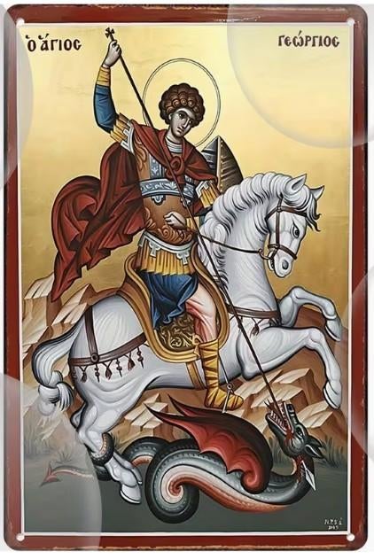 Metalen wandbord met Joris en de draak (01), Verzenden, Nieuw, Overige typen, Christendom | Katholiek