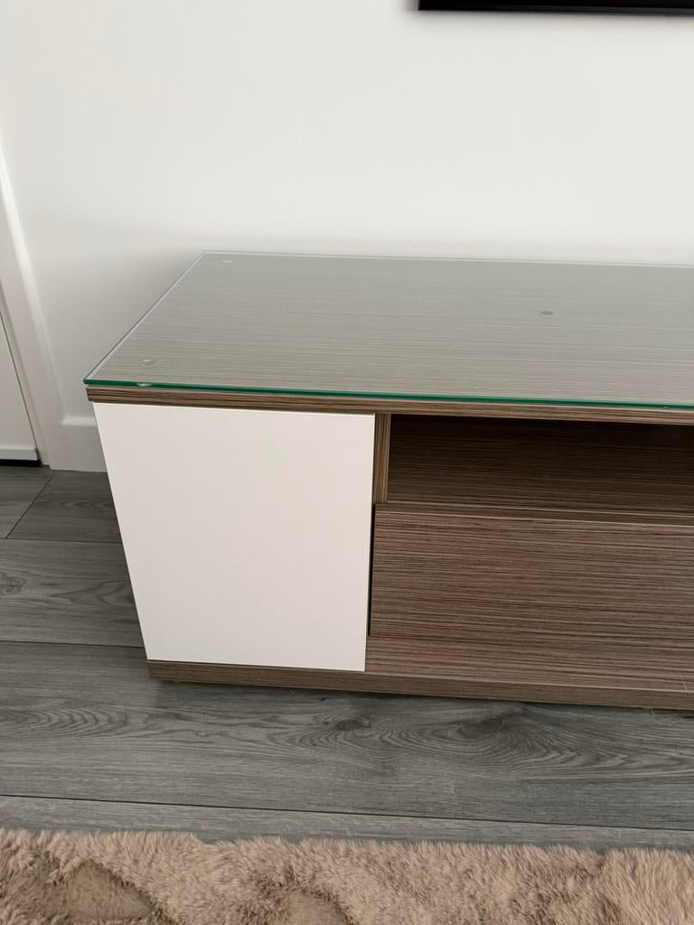 Tv meubel met glazen blad, Ophalen, Gebruikt, 100 tot 150 cm, Glas