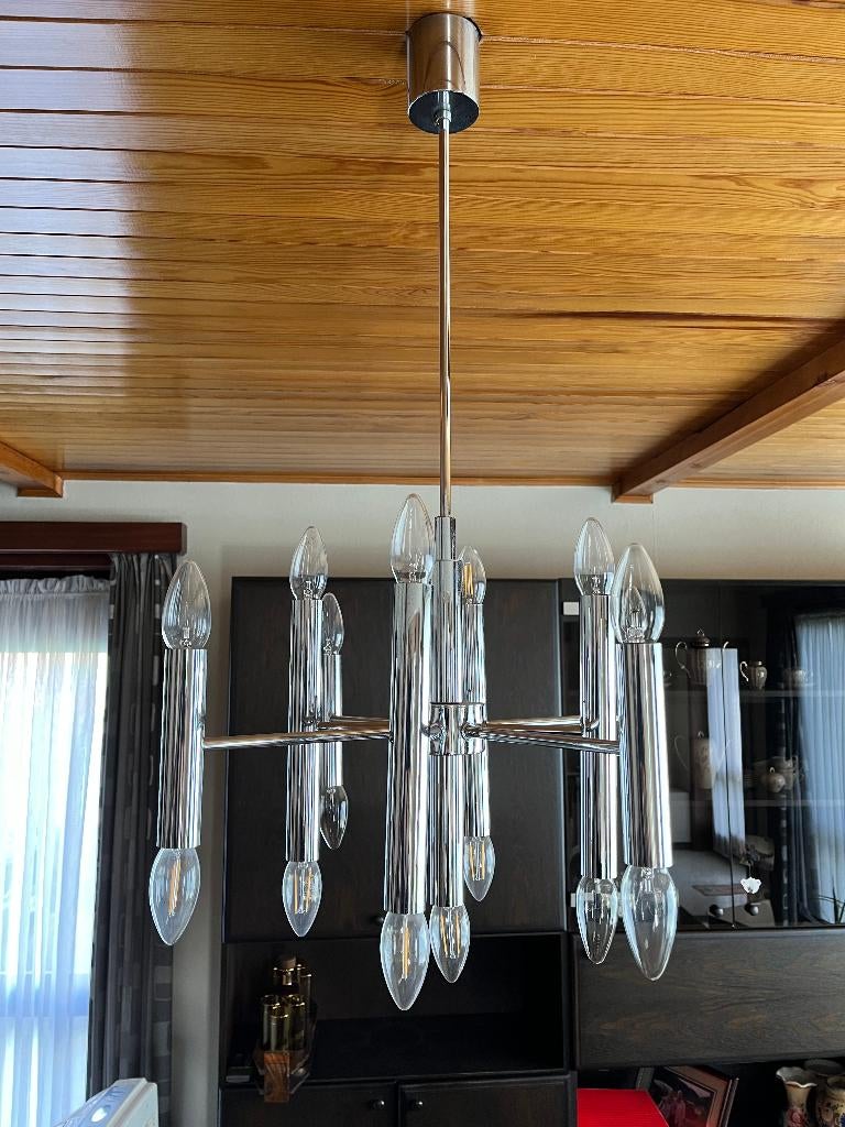 Vintage chroomstalen hanglamp uit de jaren '70., Ophalen, Gebruikt, Vintage jaren 70, Metaal