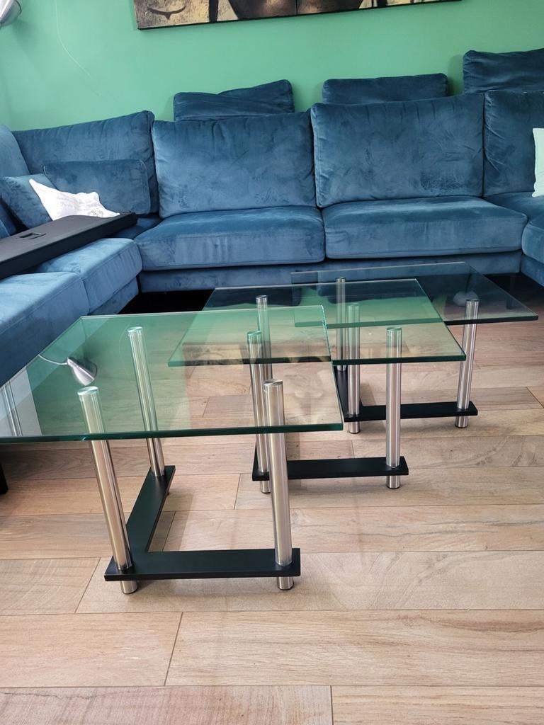 Montèl, Glazen salontafel set met metalen poten, Ophalen, Minder dan 50 cm, Vierkant, Minder dan 50 cm