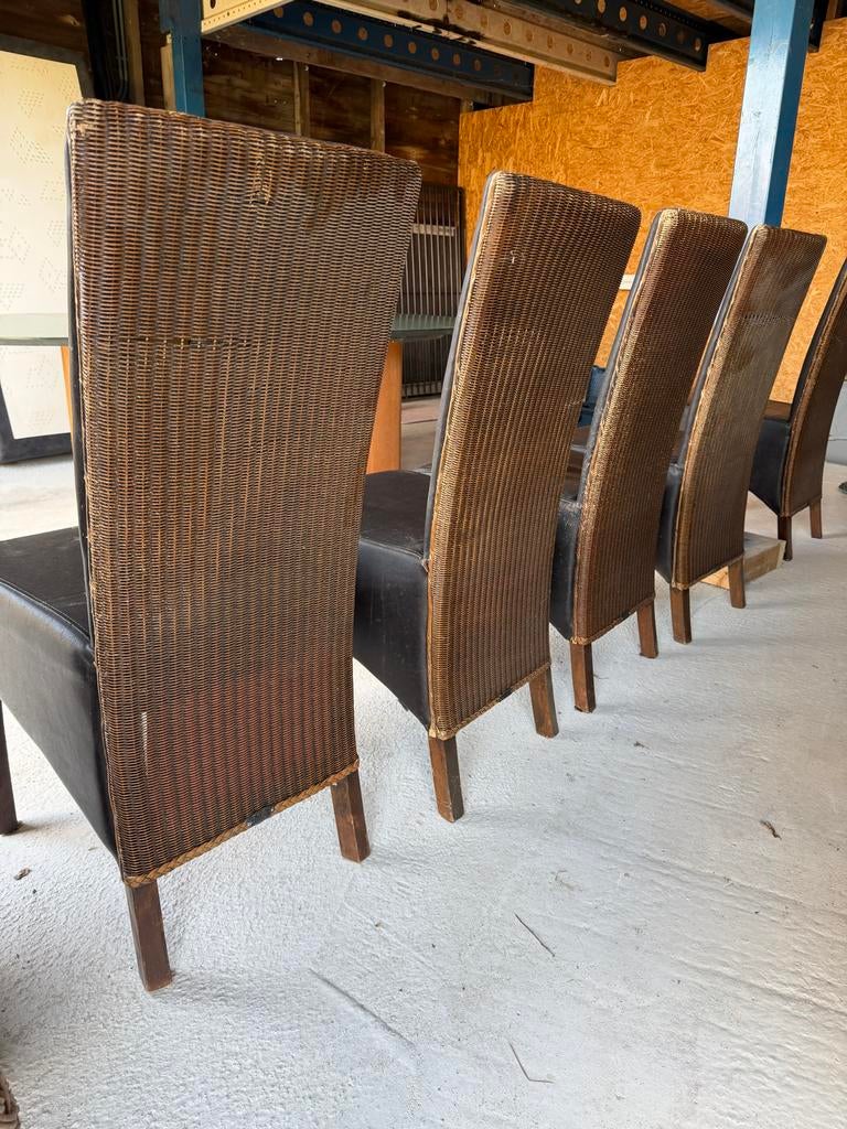5 Riverdale stoelen, rotan met leer, gebruikt, Huis en Inrichting, Stoelen, Gebruikt, Bruin, Leer, Ophalen of Verzenden