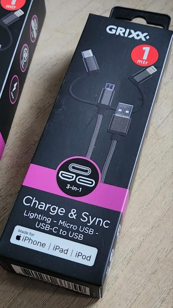 Grixx 3-in-1 Kabel: Lightning, Micro USB, USB-C - 1 meter, Ophalen of Verzenden