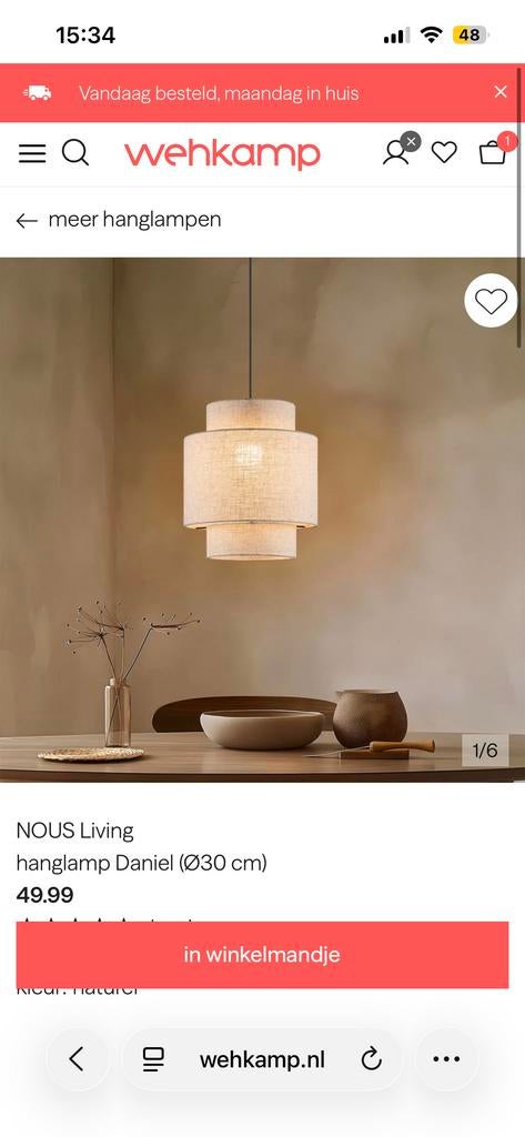 Wehkamp Hanglamp Daniel - Ø 30 cm, Huis en Inrichting, Ophalen, Zo goed als nieuw, Stof, Minder dan 50 cm