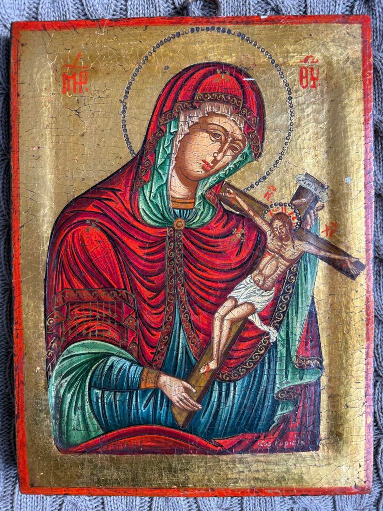 Handgeschilderde Byzantijnse Ikoon: Moeder Gods met Christus, Antiek en Kunst, Antiek | Religie, Ophalen of Verzenden