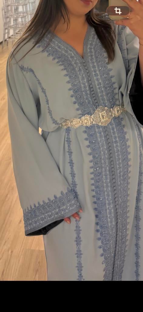Lichtblauwe Marokkaanse Kaftan met Steentjes, Overige typen, Blauw, Maat 42/44 (L), Ophalen of Verzenden