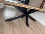 Mangohouten Eettafel met Stalen Poot, Ophalen, 100 tot 150 cm, Zo goed als nieuw, Vijf personen of meer