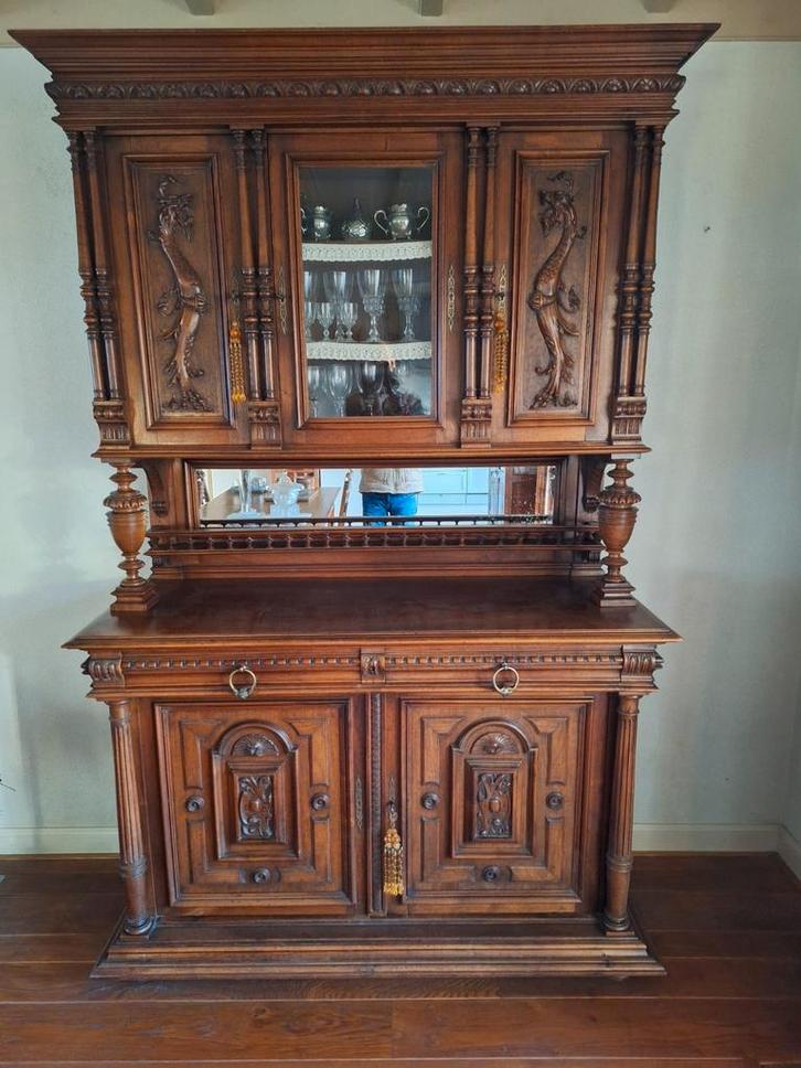 Antieke Houten Kast met Glas en Spiegel, Antiek en Kunst, Antiek | Meubels | Kasten, Ophalen of Verzenden