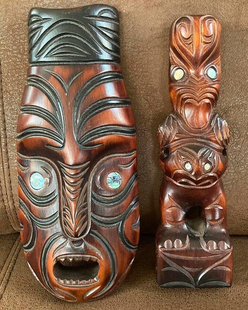 2 Maori Tiki Rotorua Nieuw Zeeland Masker Abalone PPSTK!!!, Antiek en Kunst, Kunst | Niet-Westerse kunst, Verzenden