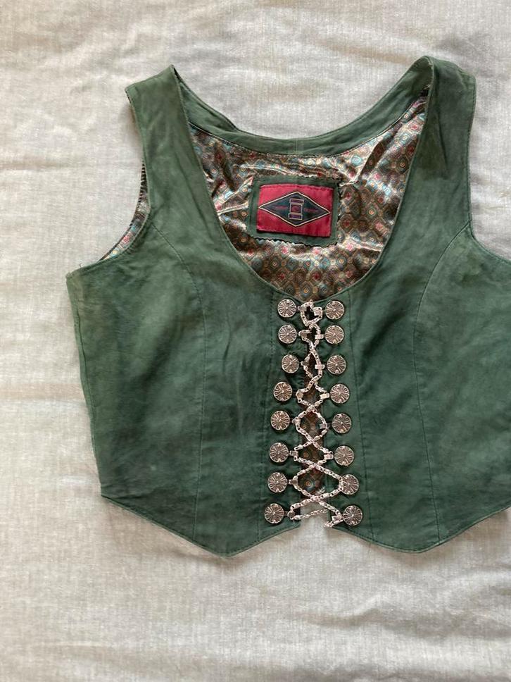 Vintage gilet, mooie staat, echt leer, Kleding | Dames, Tops, Gedragen, Maat 38/40 (M), Groen, Zonder mouw, Ophalen of Verzenden