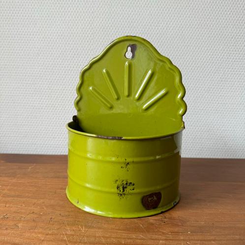 Emaille Antieke Appeltjesgroene Zoutvat, Zoutpot, Brocante, Antiek en Kunst, Antiek | Emaille, Ophalen of Verzenden