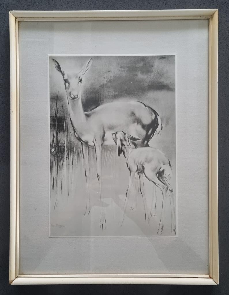 Vintage Schilderij Hertje met Jong - 41x31 cm, Antiek en Kunst, Ophalen