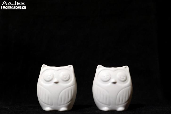 2 keramieken witte uilen peper- & zoutstrooiers, Huis en Inrichting, Keuken | Servies, Zo goed als nieuw, Overige typen, Effen