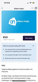 Gratis €10 Albert Heijn cashback via Woolsocks, Tickets en Kaartjes, Eén persoon, Kortingsbon, Overige typen