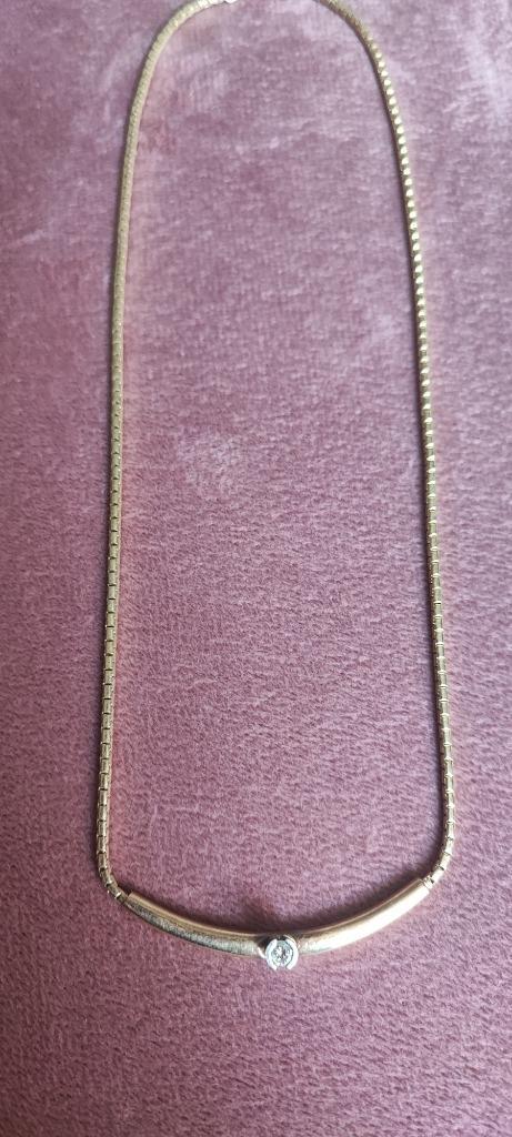 Gouden collier met diamant 14k, Sieraden, Tassen en Uiterlijk, Kettingen, Zo goed als nieuw, Goud, Goud, Ophalen