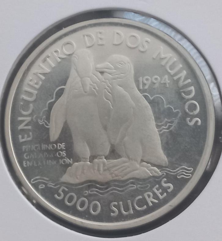 Ecuador 5000 Sucres 1994 (zilver) - Galapagos Pinguïns, Postzegels en Munten, Munten | Amerika, Losse munt, Zuid-Amerika, Zilver