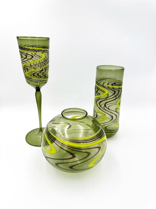 Set Van 3 X Lauscha Vazen Kogeldraad Glas, Huis en Inrichting, Woonaccessoires | Vazen, Zo goed als nieuw, Groen, Minder dan 50 cm
