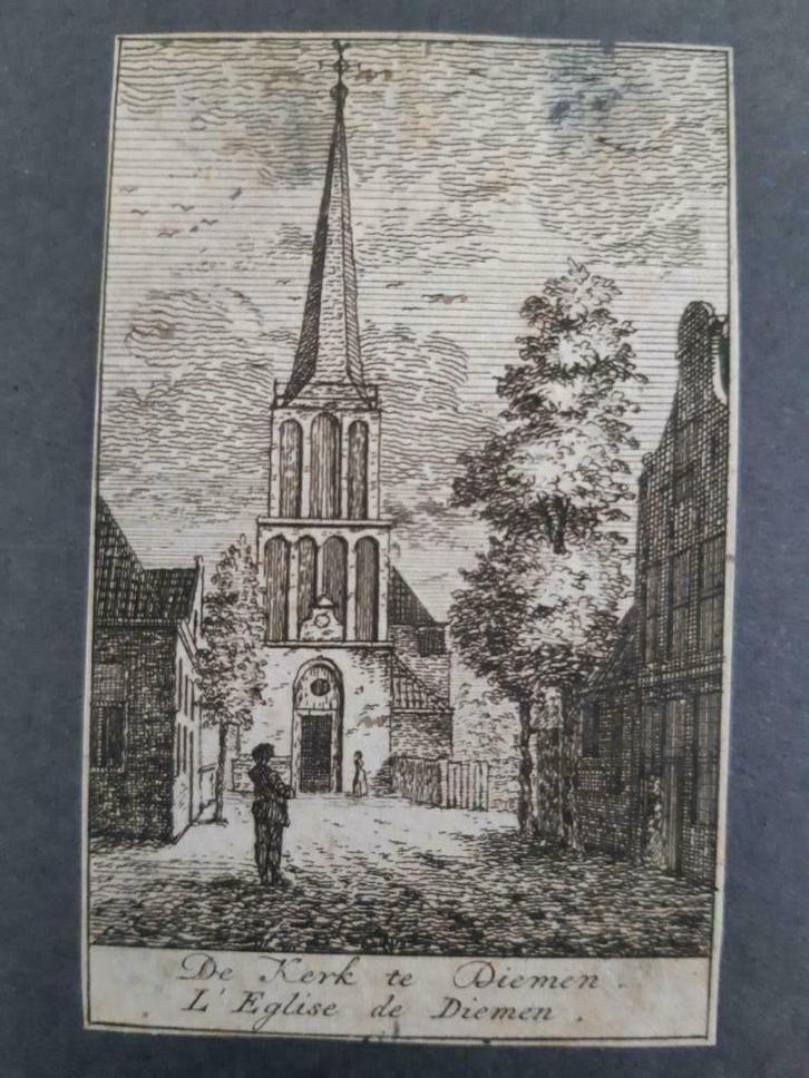 R12 / De kerk te Diemen Unieke gravure uit 18e eeuw, Antiek en Kunst, Kunst | Etsen en Gravures, Ophalen of Verzenden