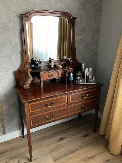 Mahoniehouten antieke kaptafel met spiegel, Huis en Inrichting, Tafels | Kaptafels, Gebruikt, 100 tot 150 cm, 100 tot 150 cm, Hout
