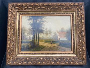 Schilderij van N.J. Lievens geschilderd op hout Landschap