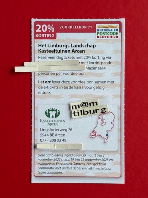 Voordeelbon 71 Kasteeltuinen Arcen 20% korting, Tickets en Kaartjes, Kortingen en Cadeaubonnen, Drie personen of meer, Overige typen
