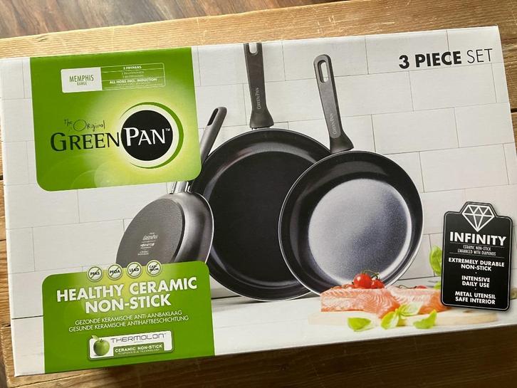 Pannenset GreenPan (3-delig), Huis en Inrichting, Keuken | Potten en Pannen, Gebruikt, Pannenset, Aluminium, Inductieplaat, Keramische plaat