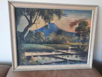 Schilderij Indonesië Java vulkaan sawa's gesigneerd beschikbaar voor biedingen