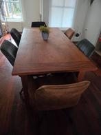Tafel teakhout en 6 stoelen, 2 bruinig, 2 blauw, 2 geel, Huis en Inrichting, Ophalen of Verzenden