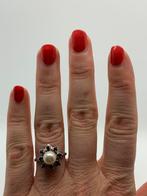 Z184 Prachtige zilveren ring parel blauwe saffier maat 17,75, Sieraden, Tassen en Uiterlijk, Antieke sieraden, Ophalen of Verzenden