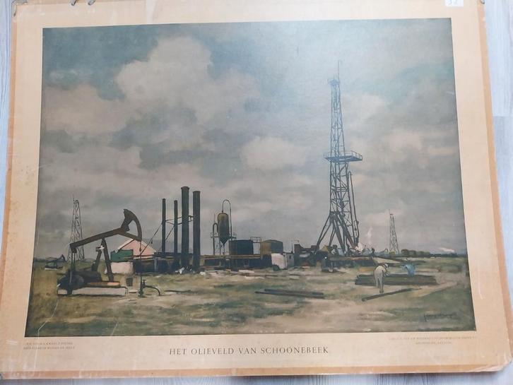 Schoolplaat Olieveld Schoonebeek, Antiek en Kunst, Antiek | Schoolplaten, Aardrijkskunde, Ophalen of Verzenden