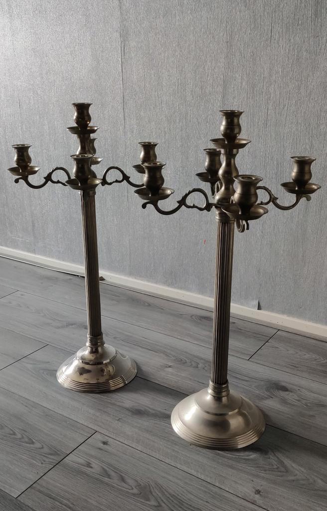 2x Grote Verzilverde 5-armige Kaarsenstandaard, Antiek en Kunst, Antiek | Kandelaars, Zilver, Ophalen